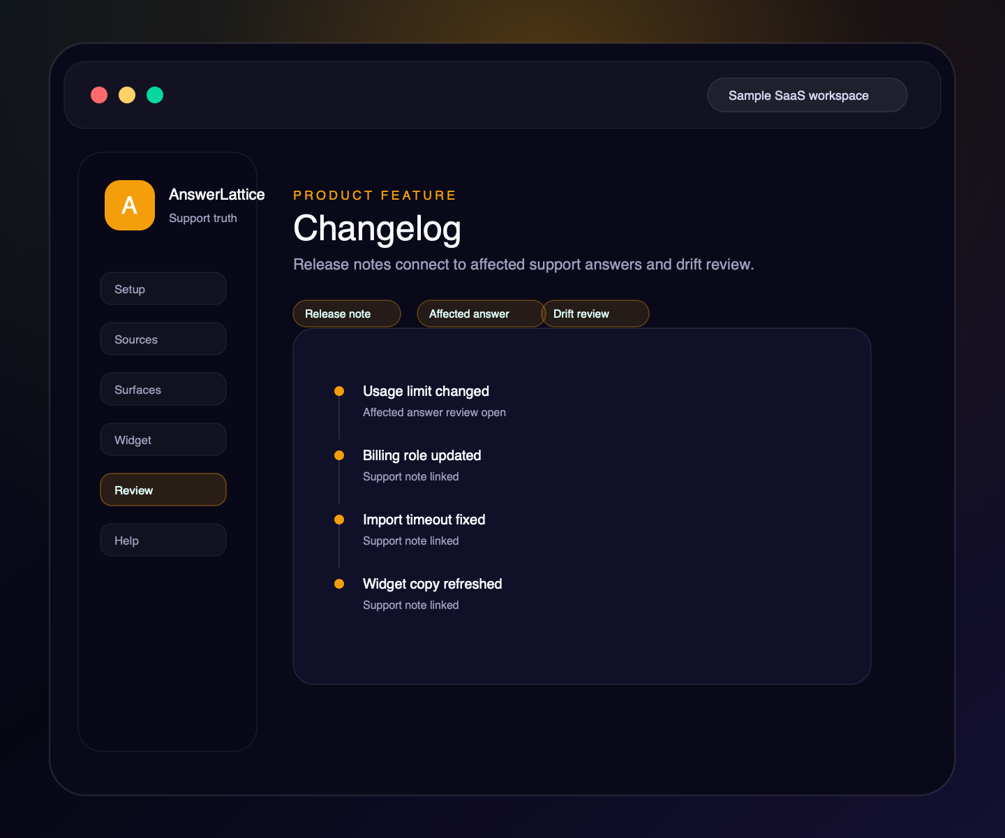Sample AnswerLattice Changelog feature screen