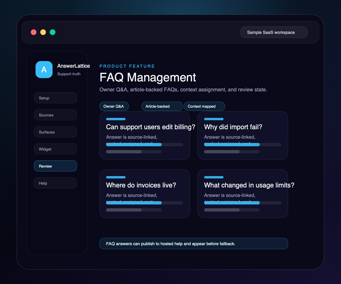 Sample AnswerLattice FAQ Management feature screen