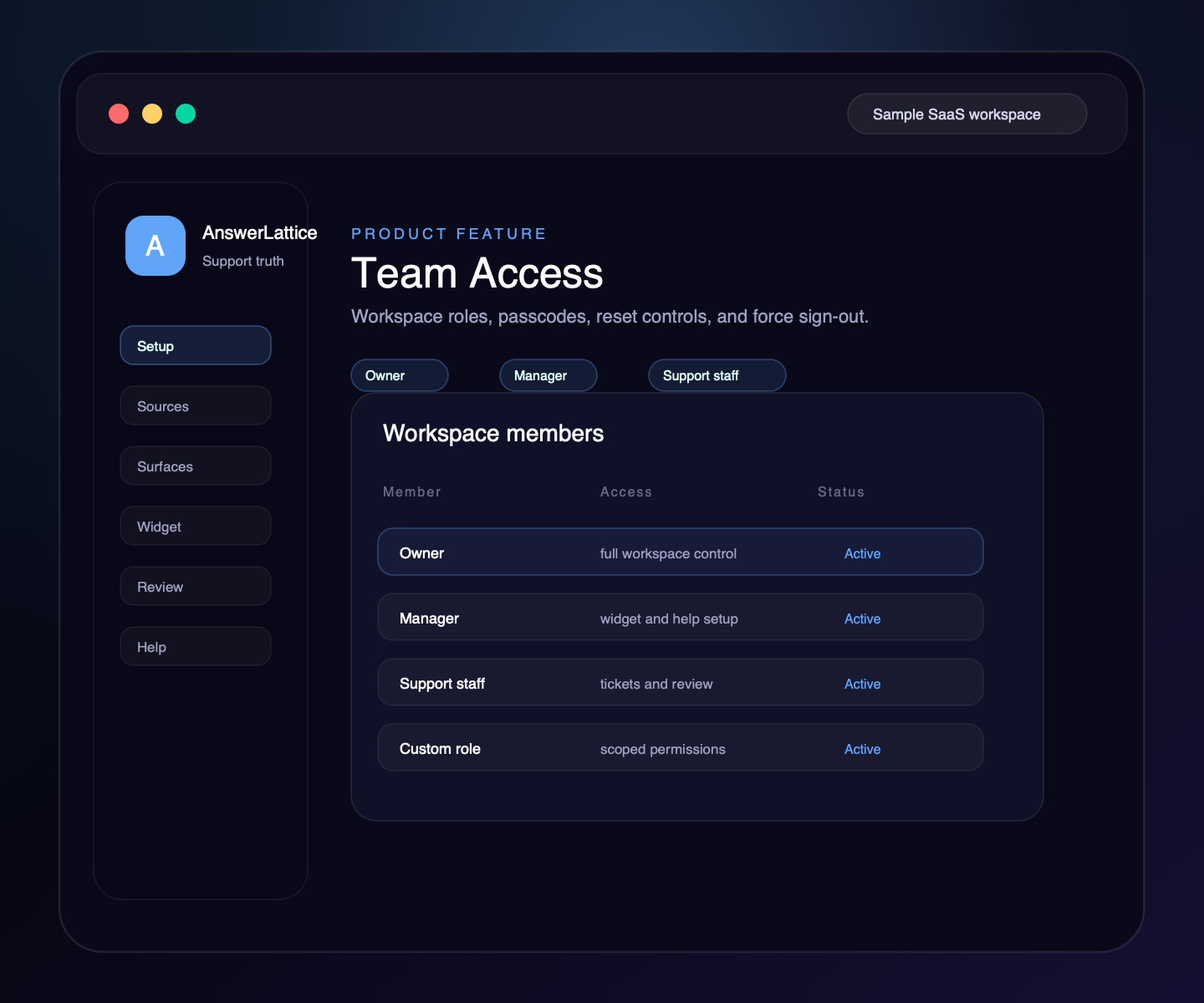 Sample AnswerLattice Team Access feature screen